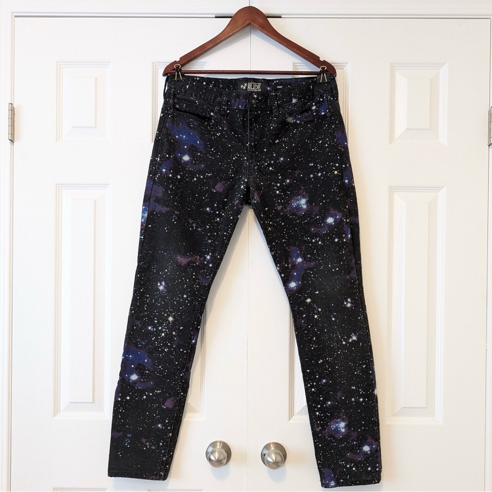 Rude Brand Galaxy Space Men’s Skinny Jeans Black and Purple Size 34